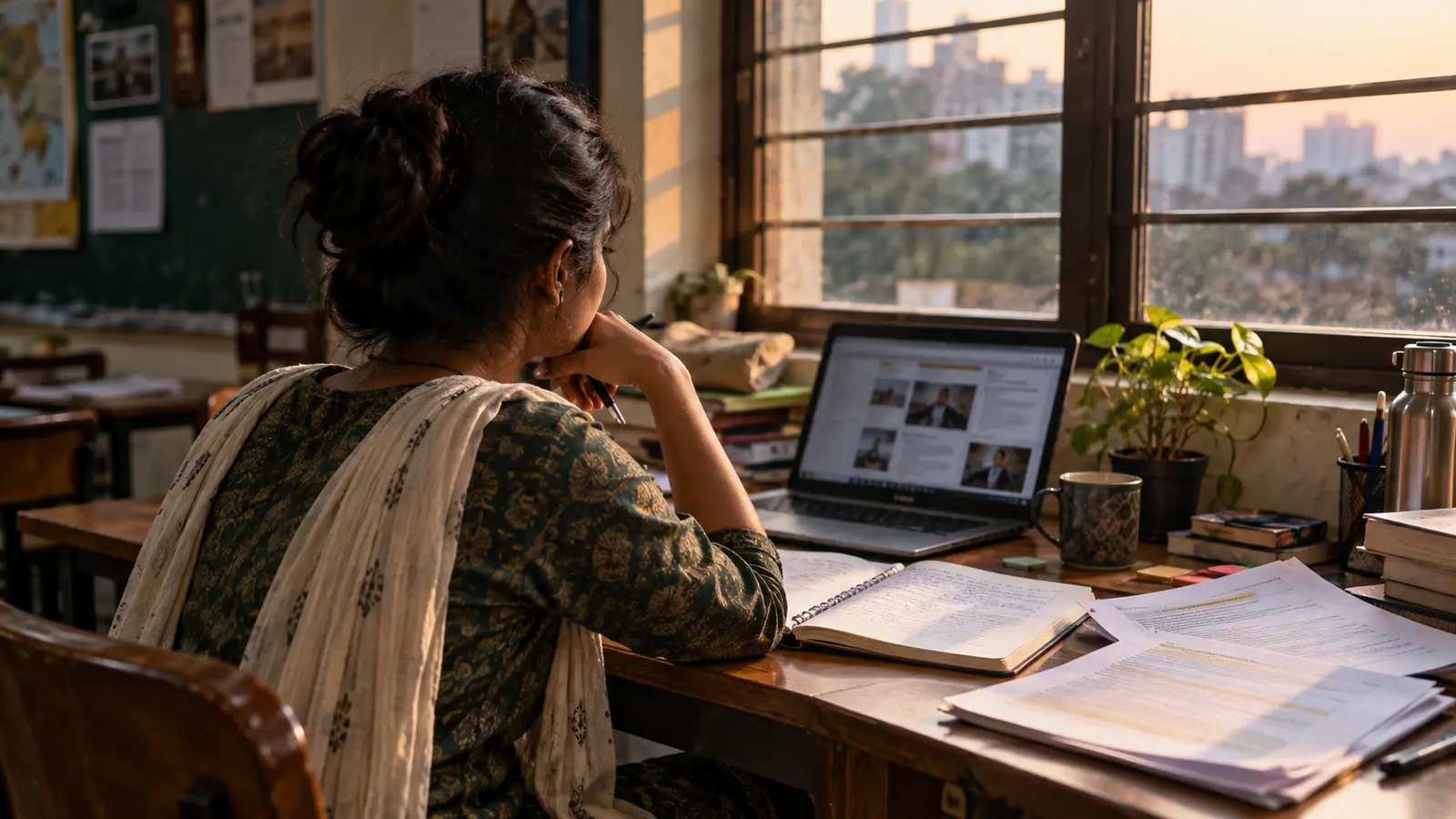 An Indian UPSC aspirant reviews preparation notes beside a laptop and job-description printouts after an exam attempt