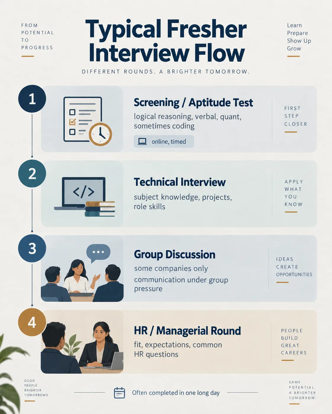 Four-stage fresher interview flow from screening test to technical, group discussion, and HR rounds