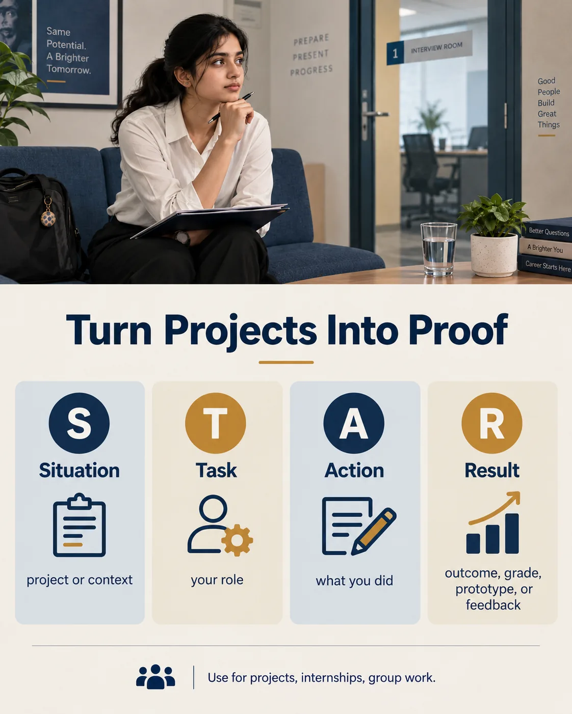 STAR framework showing situation, task, action, and result for fresher interview answers
