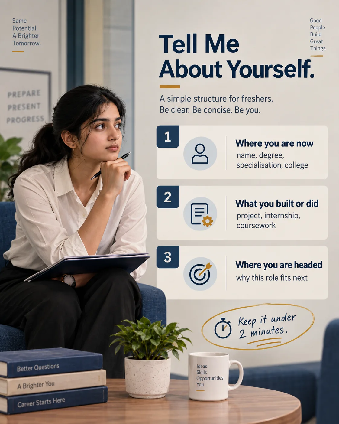 Three-part structure for answering tell me about yourself as a fresher