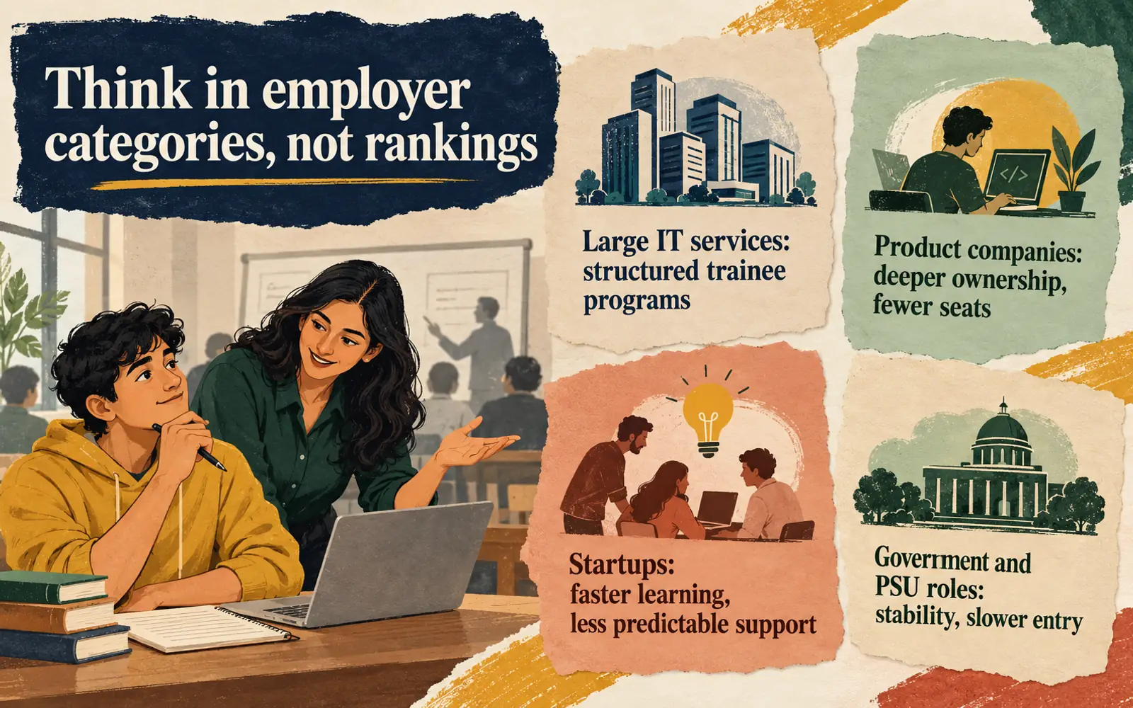 Asymmetrical comparison of large IT services, product companies, startups, and government or PSU employer categories for freshers