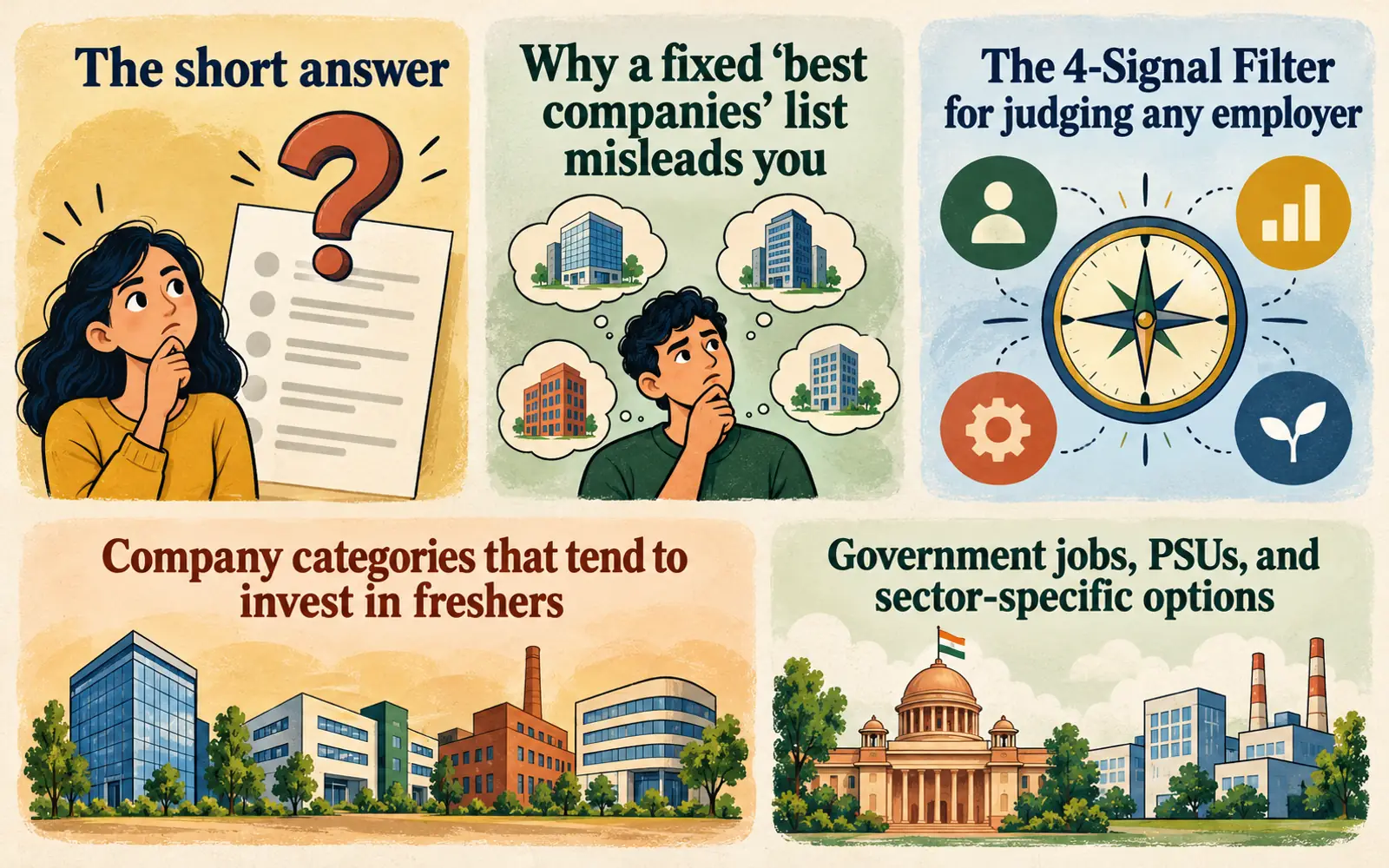 Illustrated summary explaining why fixed company rankings mislead freshers and how to filter employers by category and signals