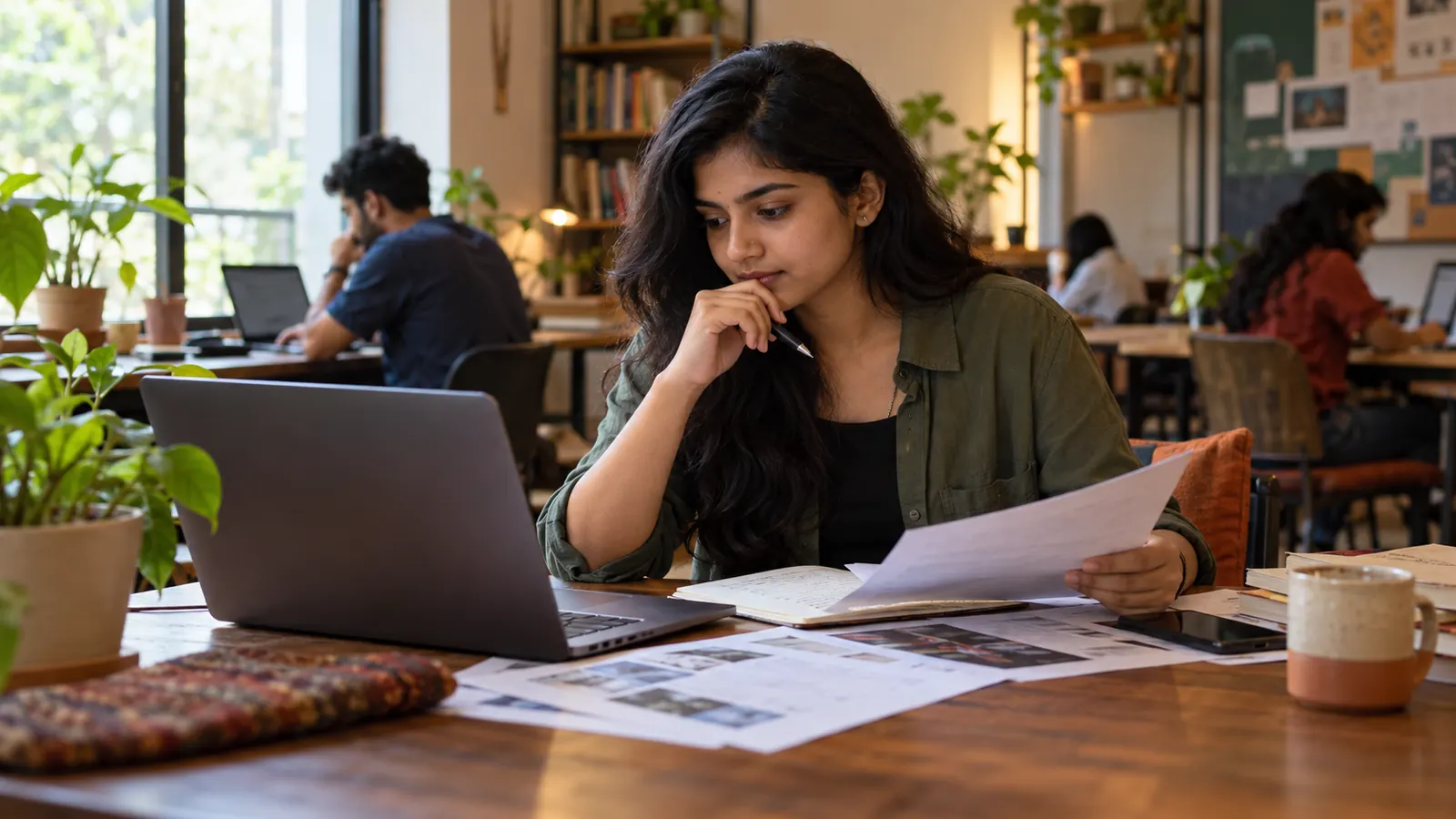 Indian graduate comparing employer information and job applications in a shared neighbourhood workspace