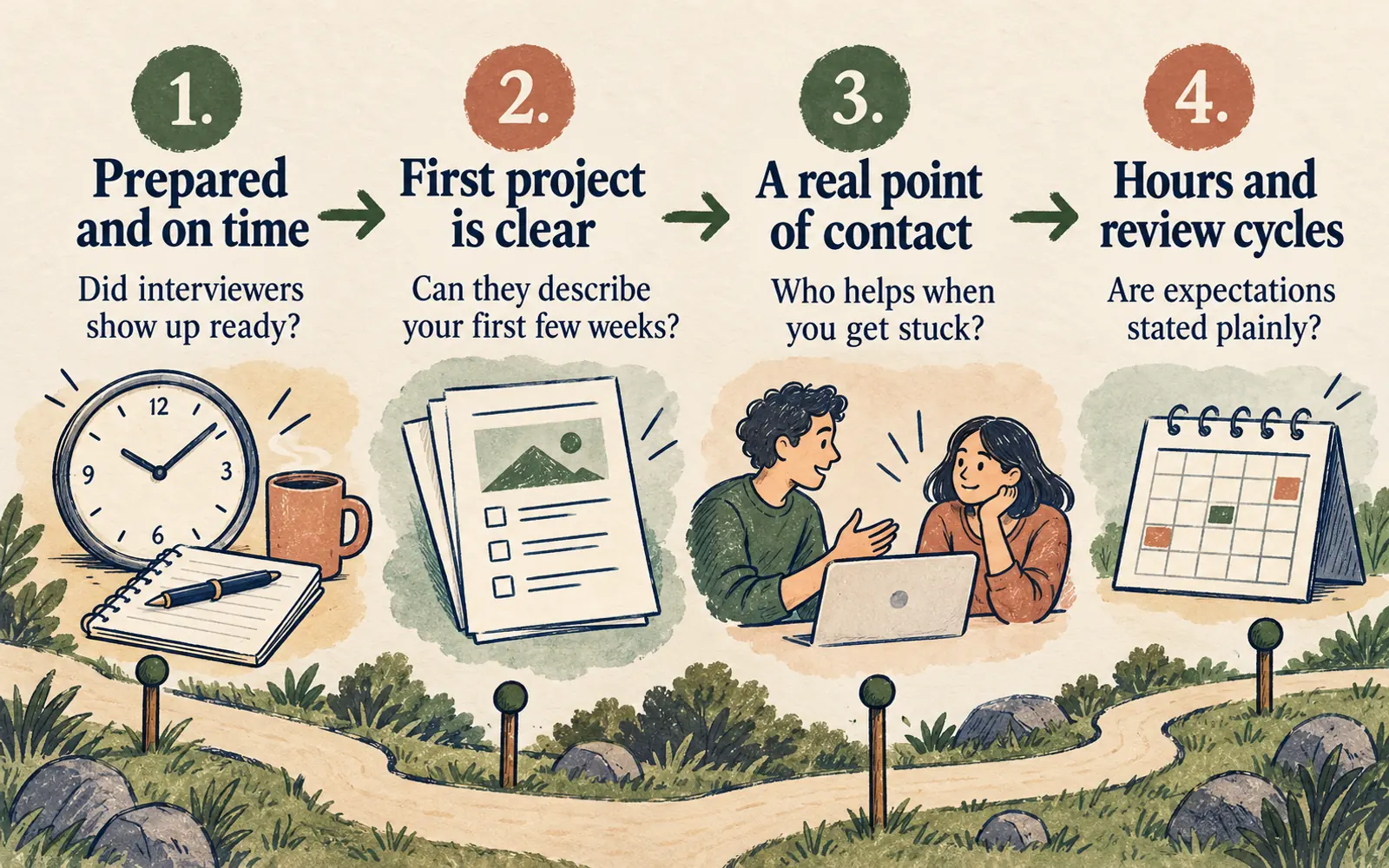 Four-stage interview process checklist showing how preparation, first-project clarity, a point of contact, and review expectations reveal company operations