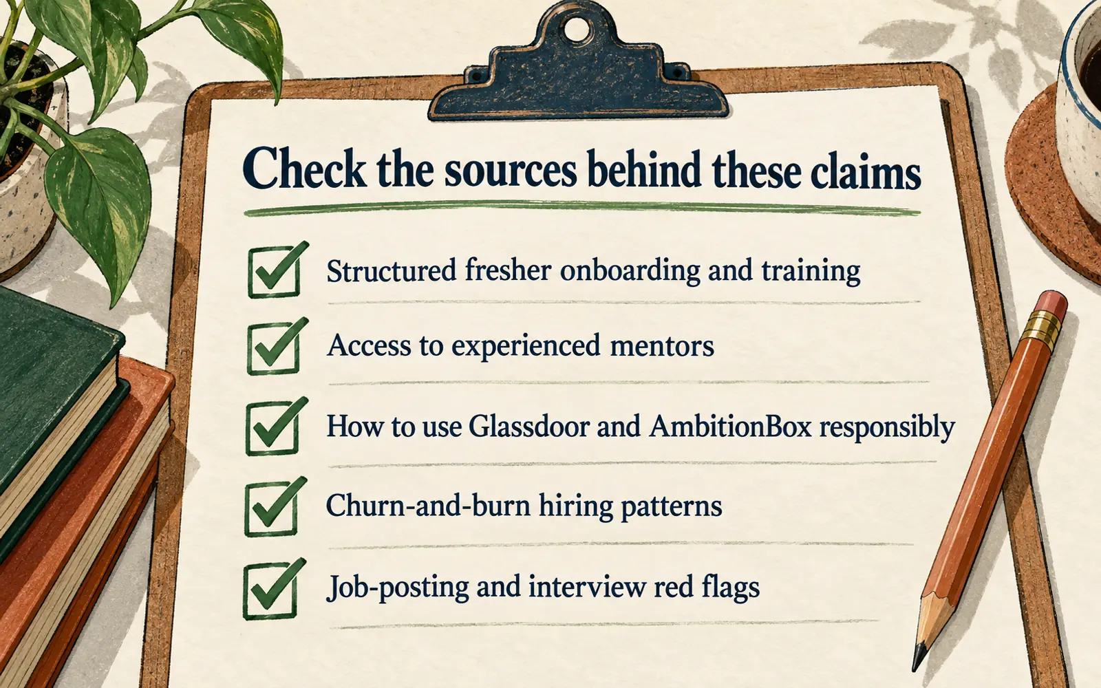Source-check checklist covering fresher onboarding, mentors, review platforms, churn-and-burn patterns, and job-posting red flags