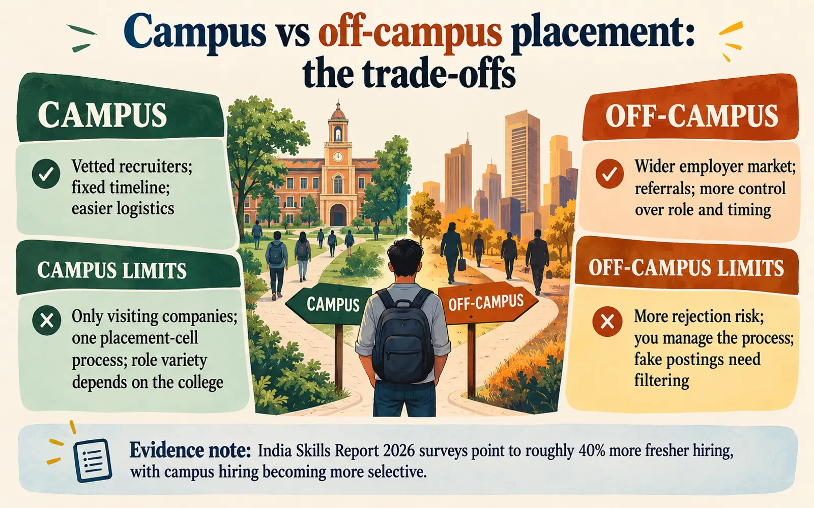 Asymmetrical comparison of campus and off-campus placement advantages, limitations and the selective fresher-hiring evidence note