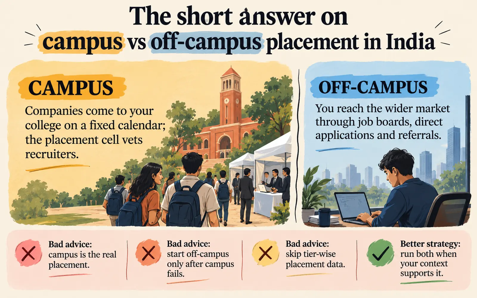 Asymmetrical comparison showing campus as a vetted convenience channel and off-campus as a wider market channel