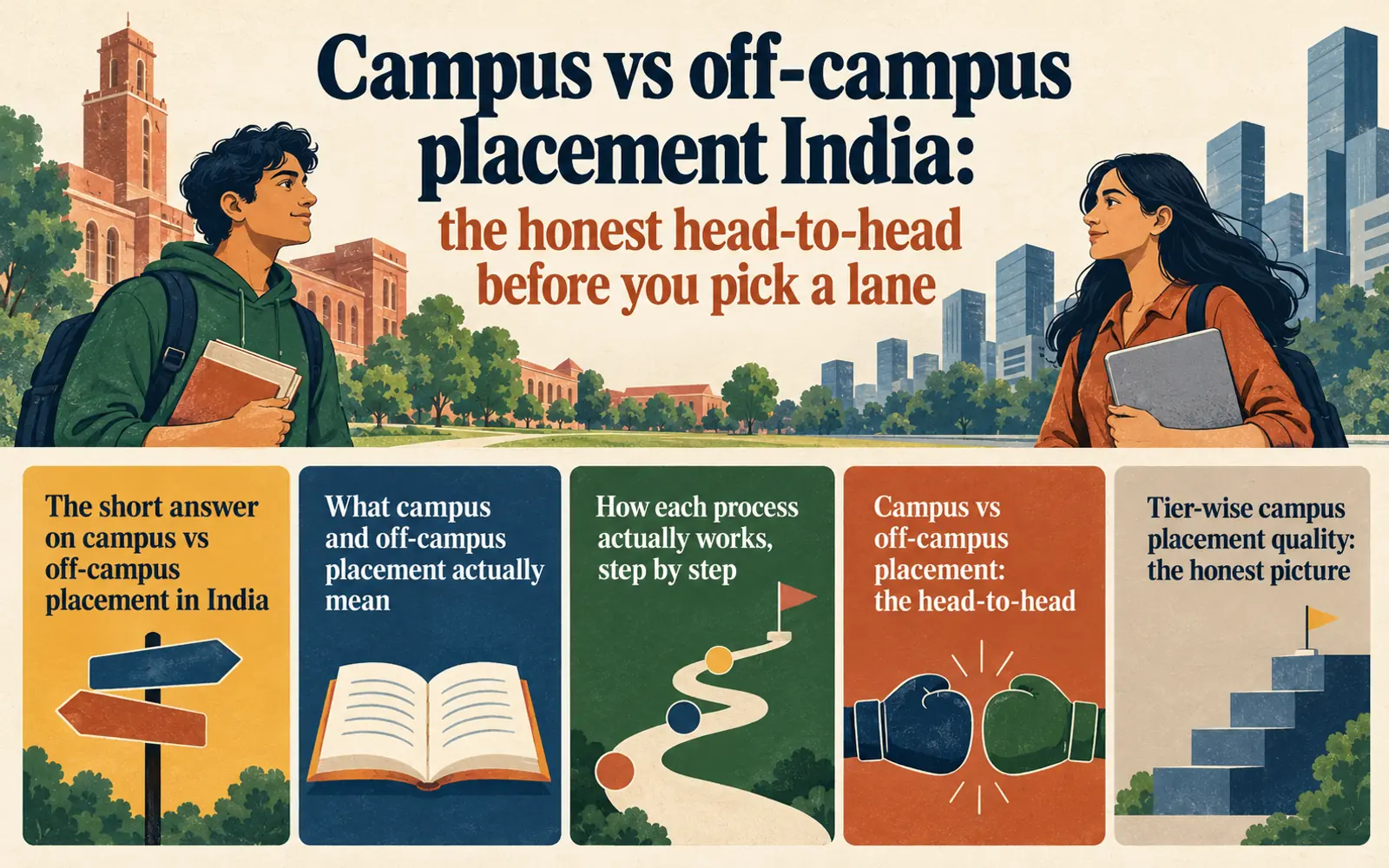 Summary card comparing the meaning, process, trade-offs and tier-wise reality of campus and off-campus placement in India
