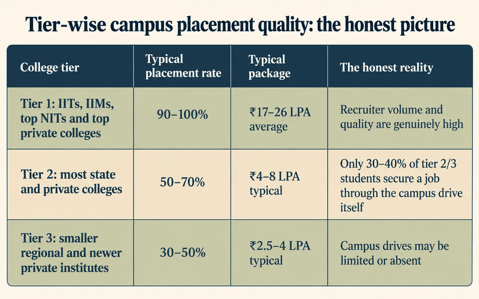 Comparison table showing tier-one, tier-two and tier-three college placement rates, packages and honest campus-placement reality