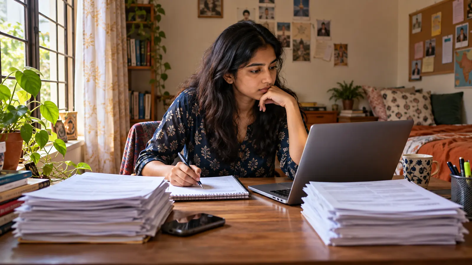 Indian student comparing laptop research, notebook and printed placement information at a sunlit home desk