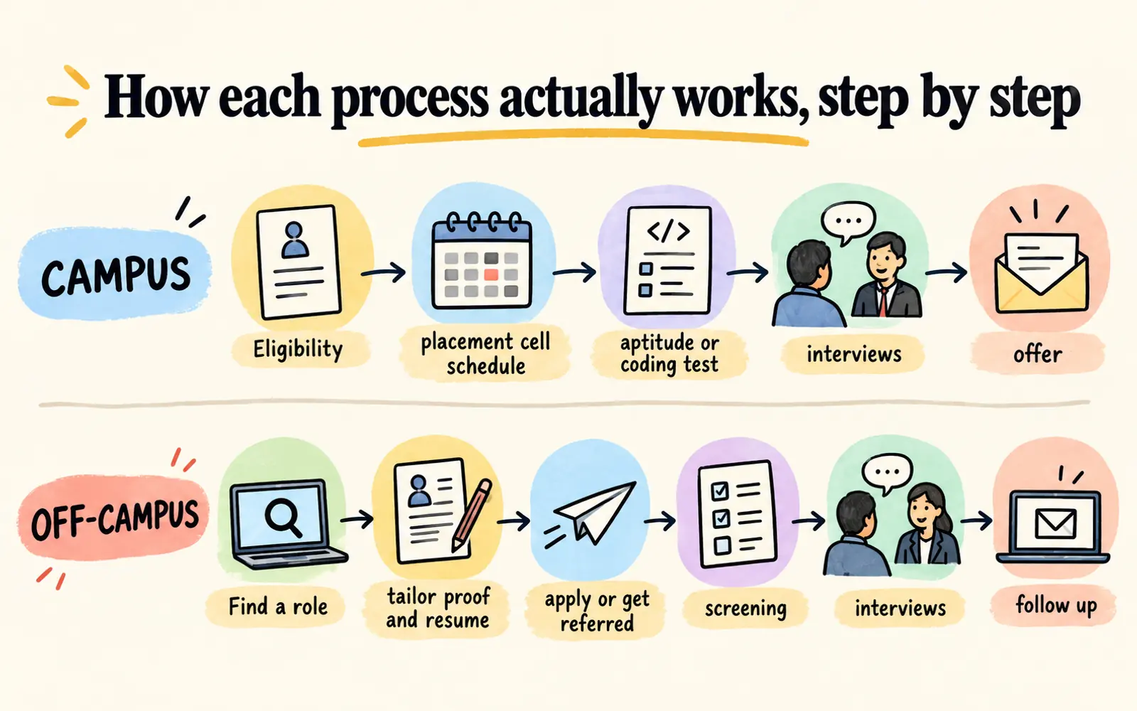 Two-lane process roadmap showing the campus placement and off-campus placement steps from eligibility or finding a role to an offer or follow-up