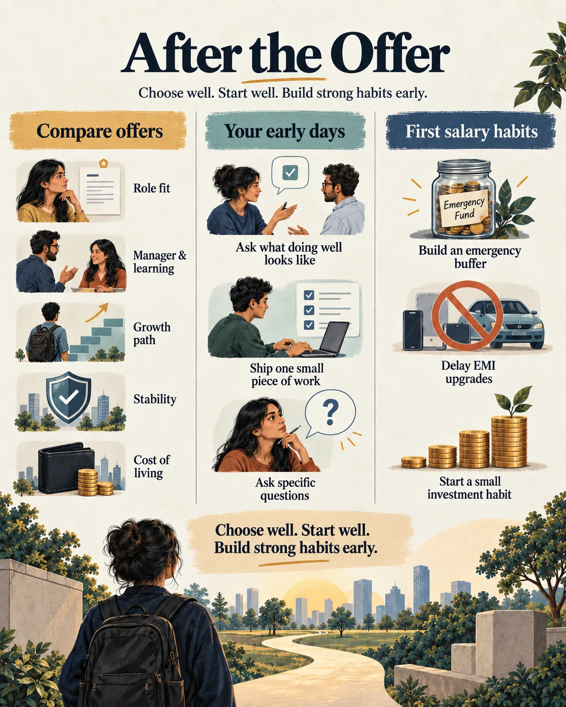 Early first-job checklist covering offer choice, first-month habits, and first-salary money moves