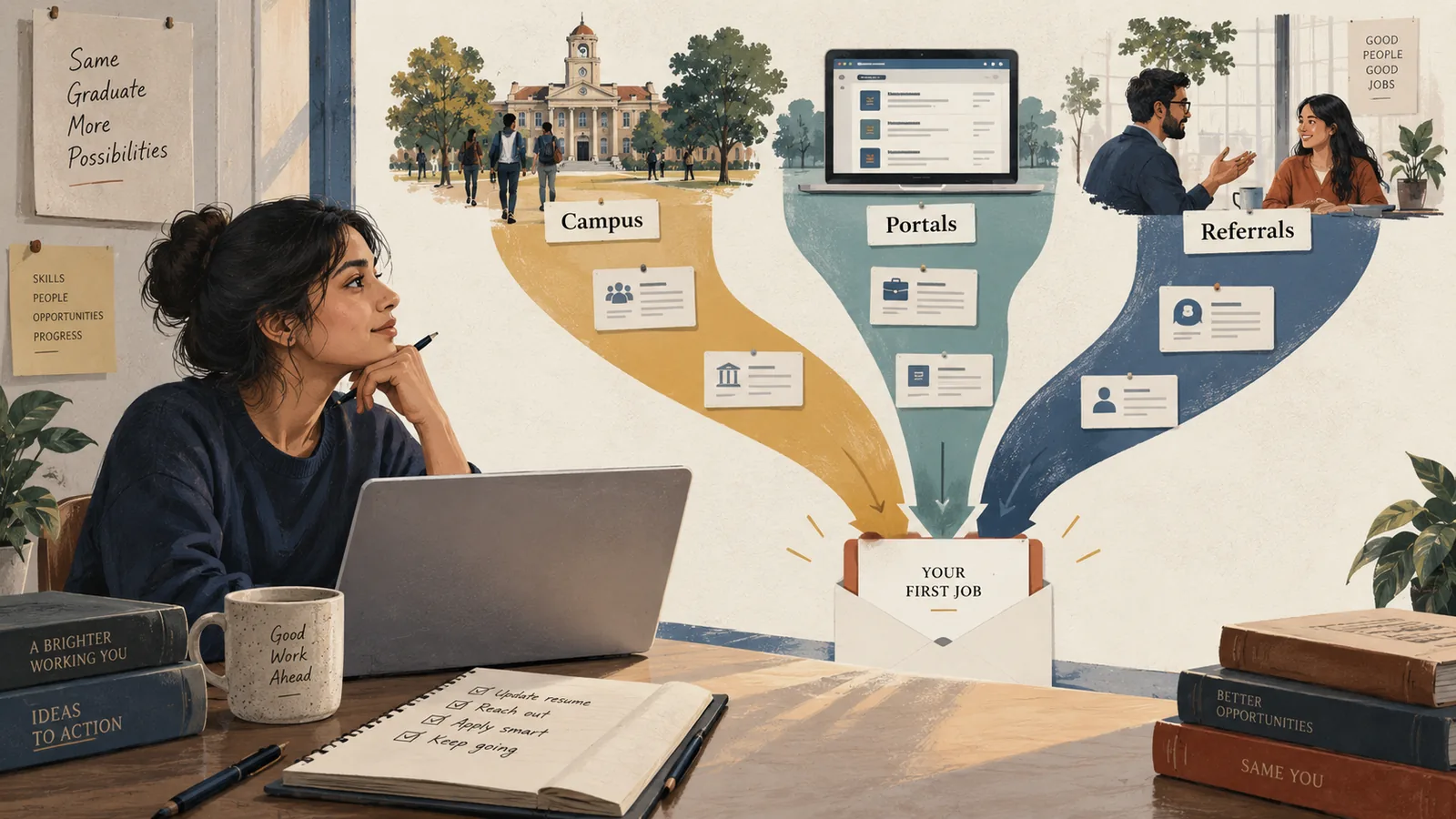 Editorial illustration of campus, job portals, and referrals leading a graduate to a first job