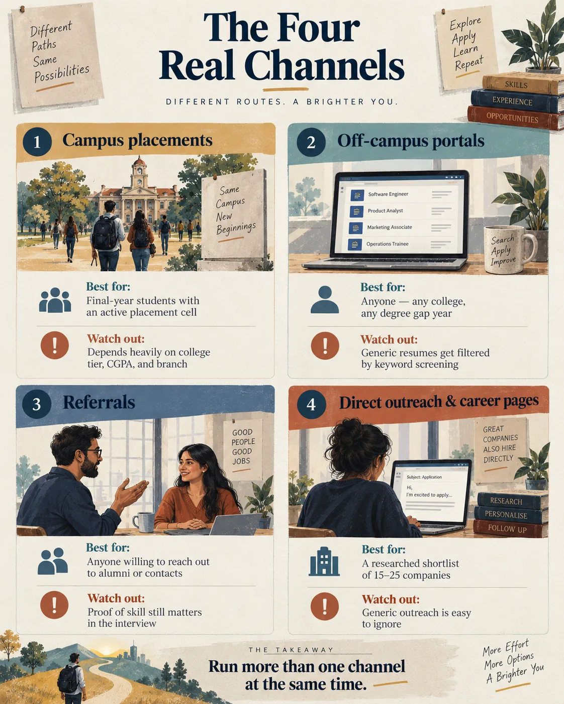 Comparison of campus placements off-campus portals referrals and direct outreach for a first job