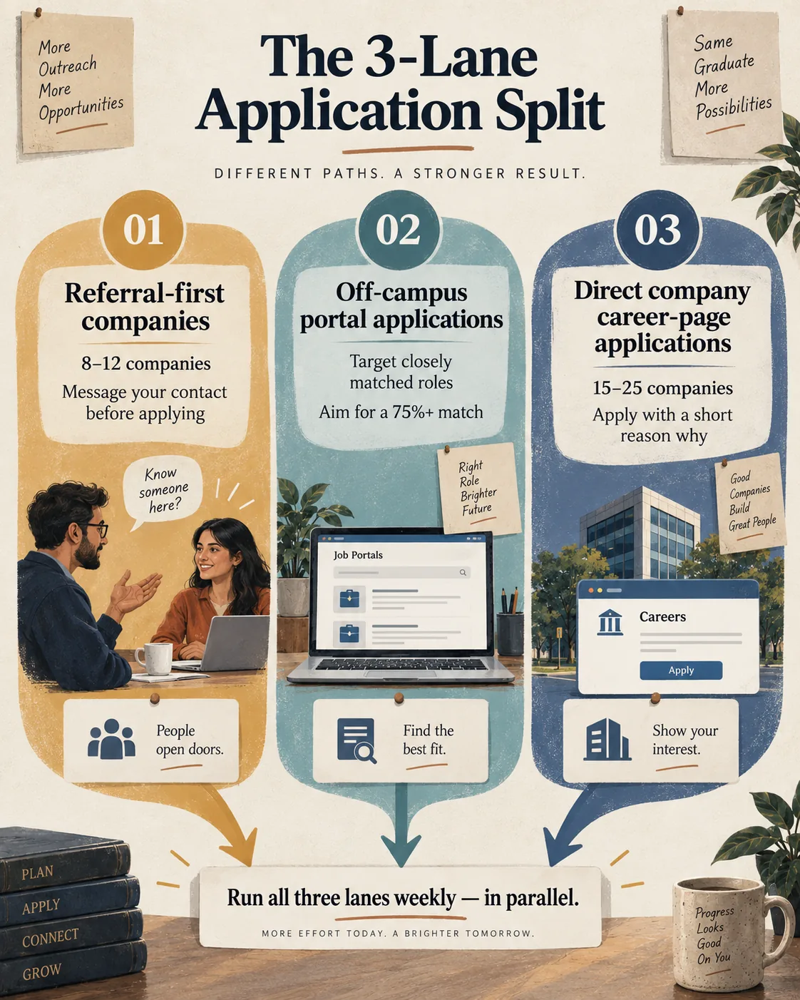 Three-lane first-job application split for referrals portals and direct company outreach
