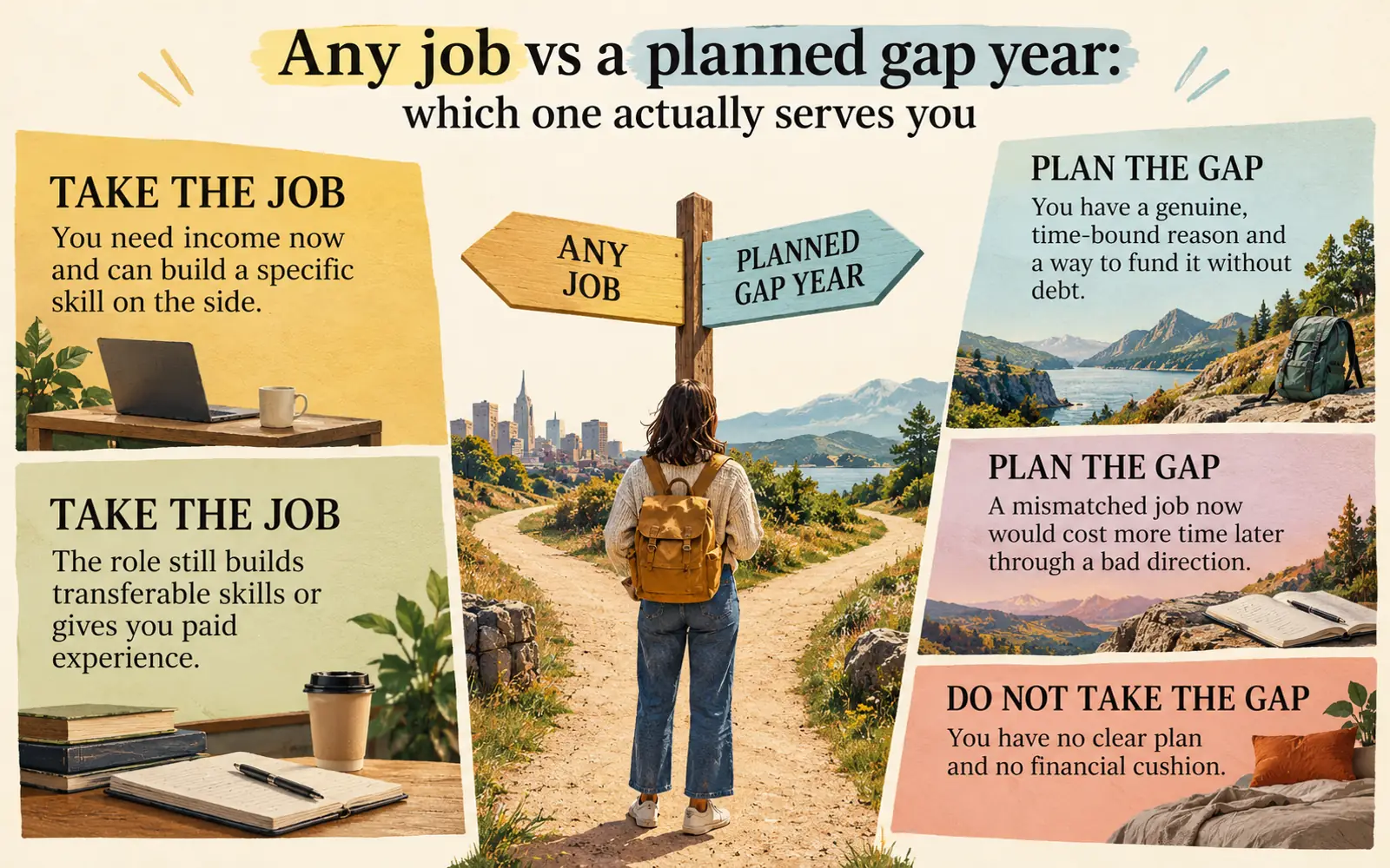 Decision panel comparing when taking a job immediately is wiser than planning a gap year, and when a planned gap is justified
