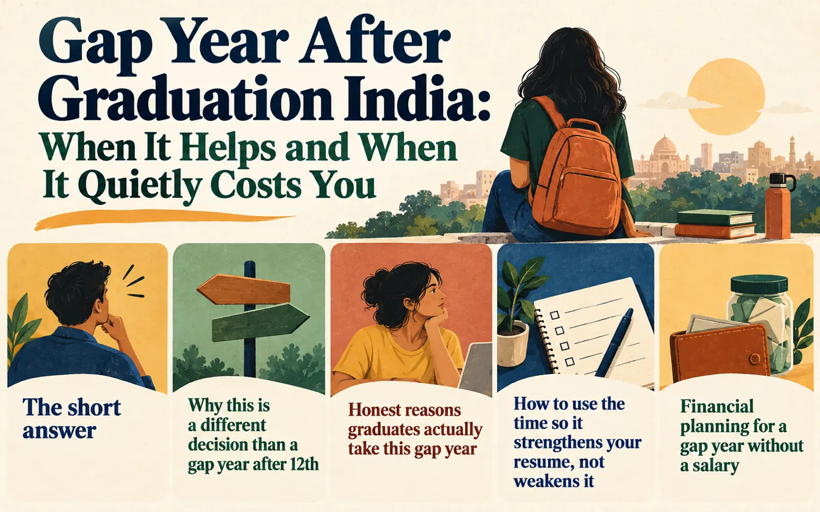 Illustrated summary of the key decisions, reasons, skill-building choices and financial planning involved in a gap year after graduation in India
