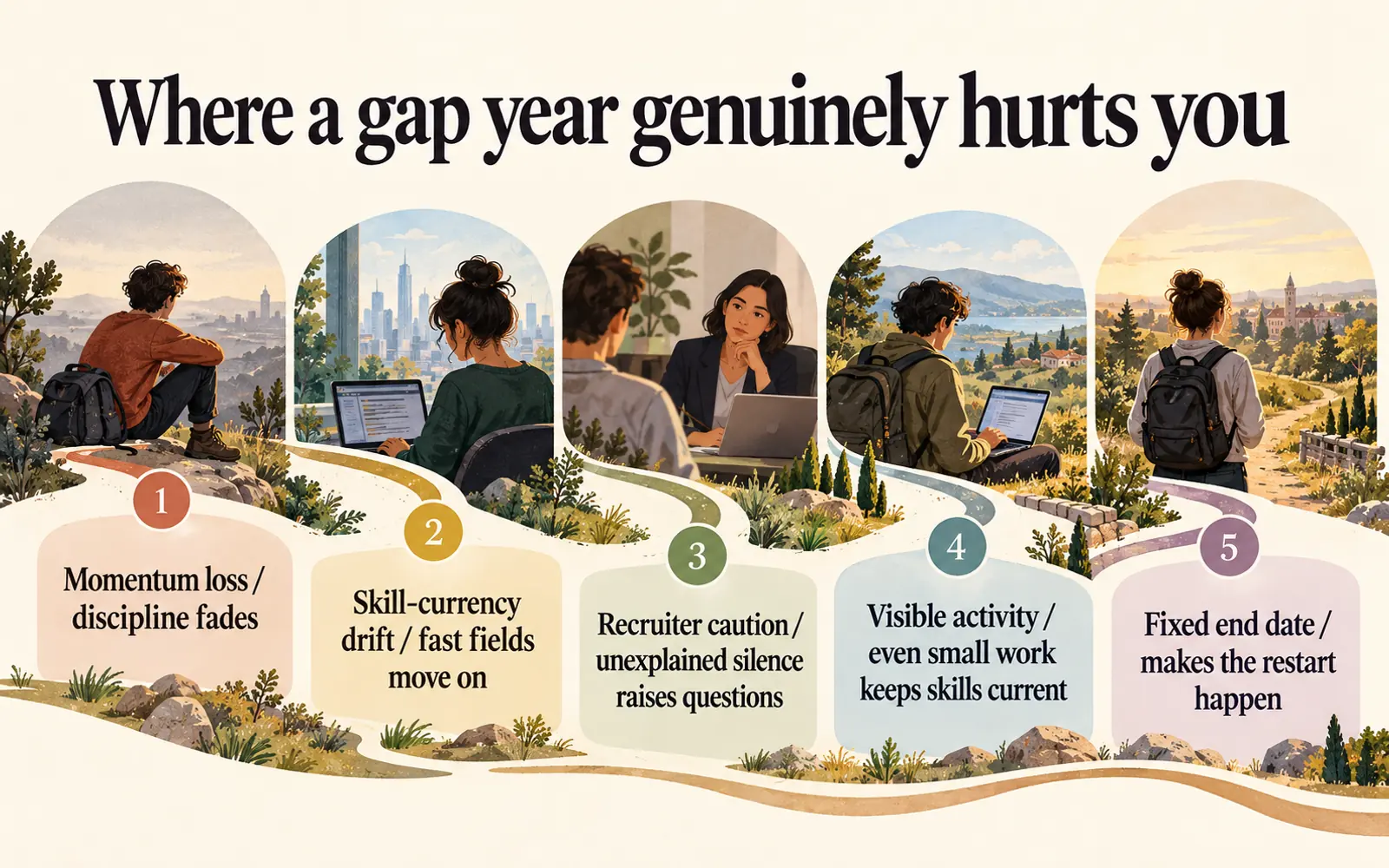 Illustrated timeline showing how momentum loss, skill drift and recruiter caution can hurt during a gap year, alongside visible activity and a fixed end date