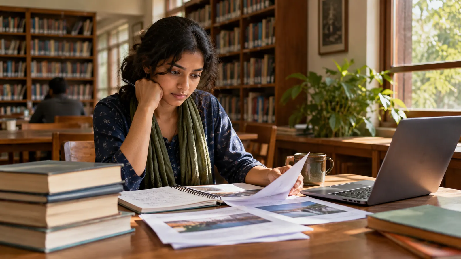 Indian graduate weighing study and career documents at a library desk during a planned gap year
