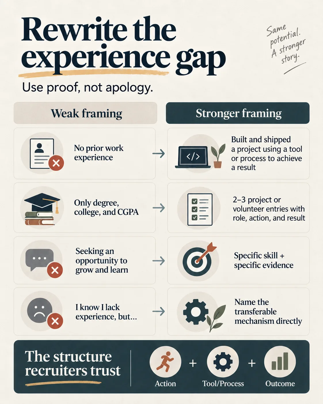 Weak-to-strong framing framework for describing non-traditional experience in applications
