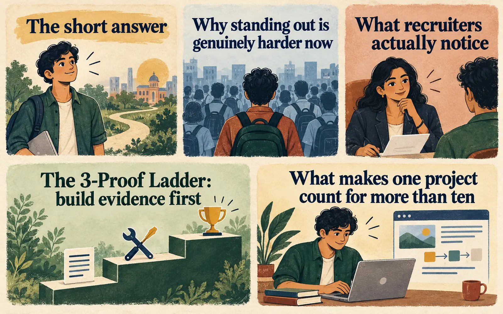 Five-part summary of how freshers can stand out through proof of skill