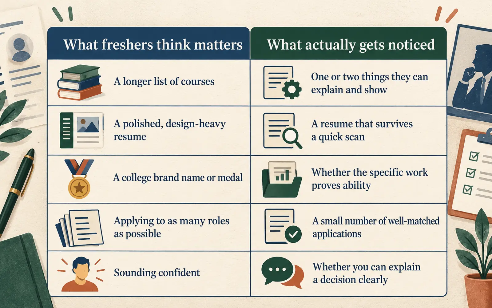 Comparison of what freshers think matters and what recruiters actually notice