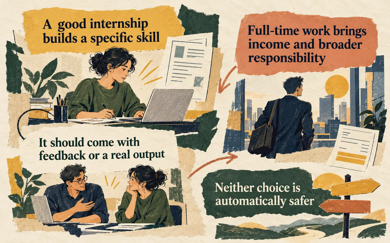 Editorial comparison explaining why neither an internship nor a full-time job is automatically the safer choice