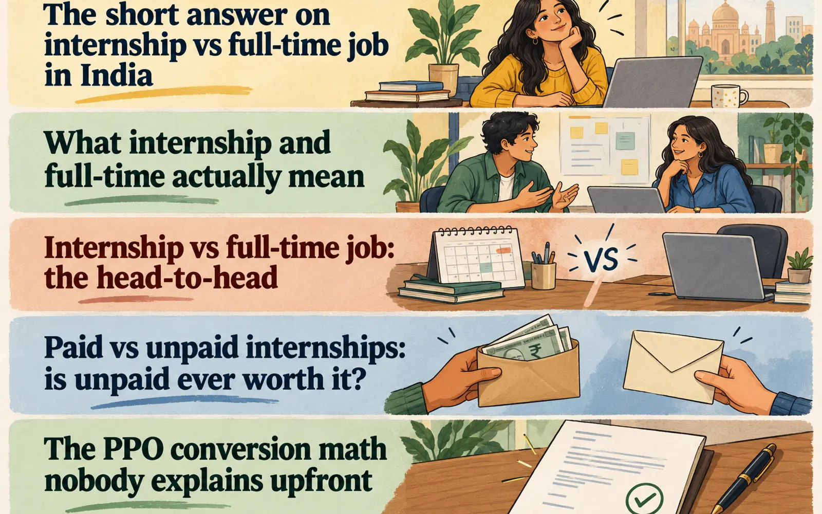Illustrated summary of the key questions about internships, full-time jobs, unpaid work and PPO conversion in India