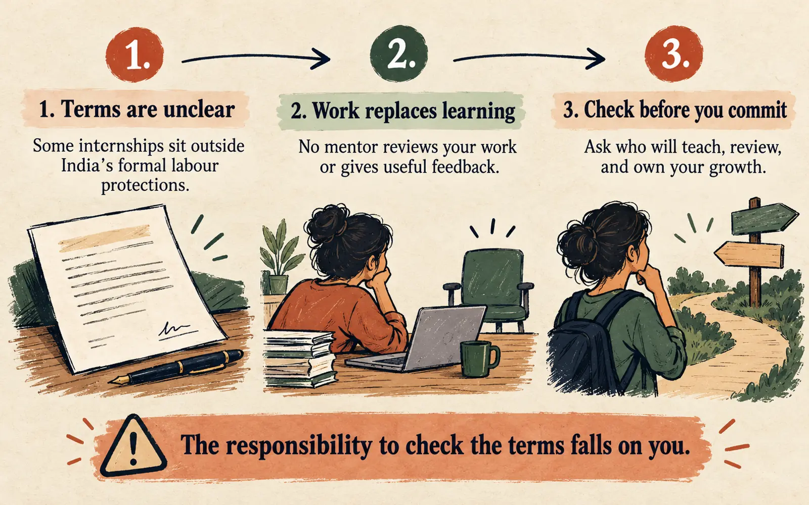Three-stage timeline showing unclear terms, work replacing learning, and the questions to ask before accepting an internship
