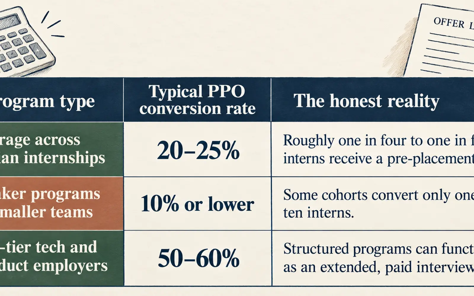 Comparison table showing PPO conversion rates for average Indian internships, weaker programs and top-tier tech and product employers