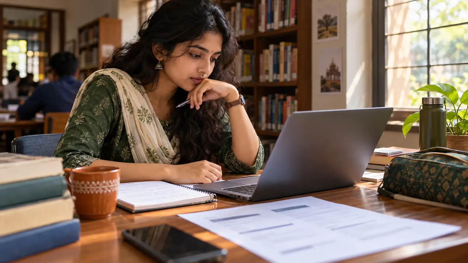 Recent Indian graduate reviewing a job offer and negotiation notes beside a laptop in a quiet library, illustrating how to read room in a fresher salary offer