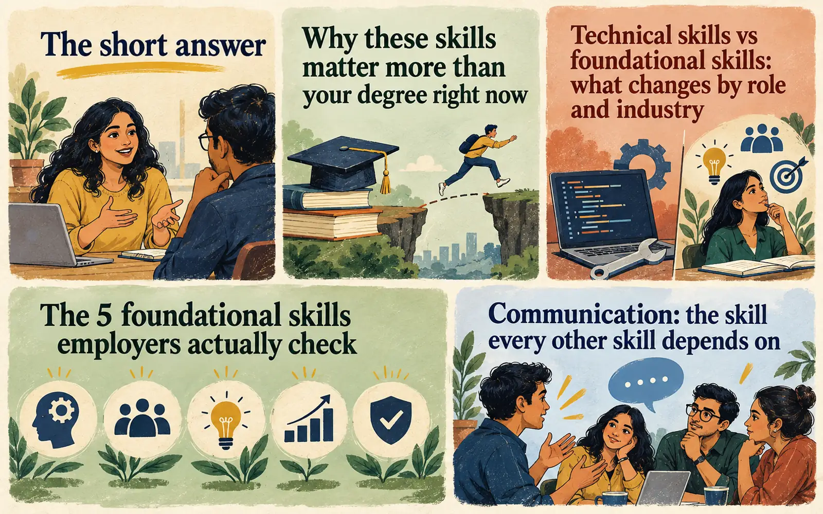 Illustrated summary of the foundational skills, role-specific skills and communication habits employers check in first-job candidates
