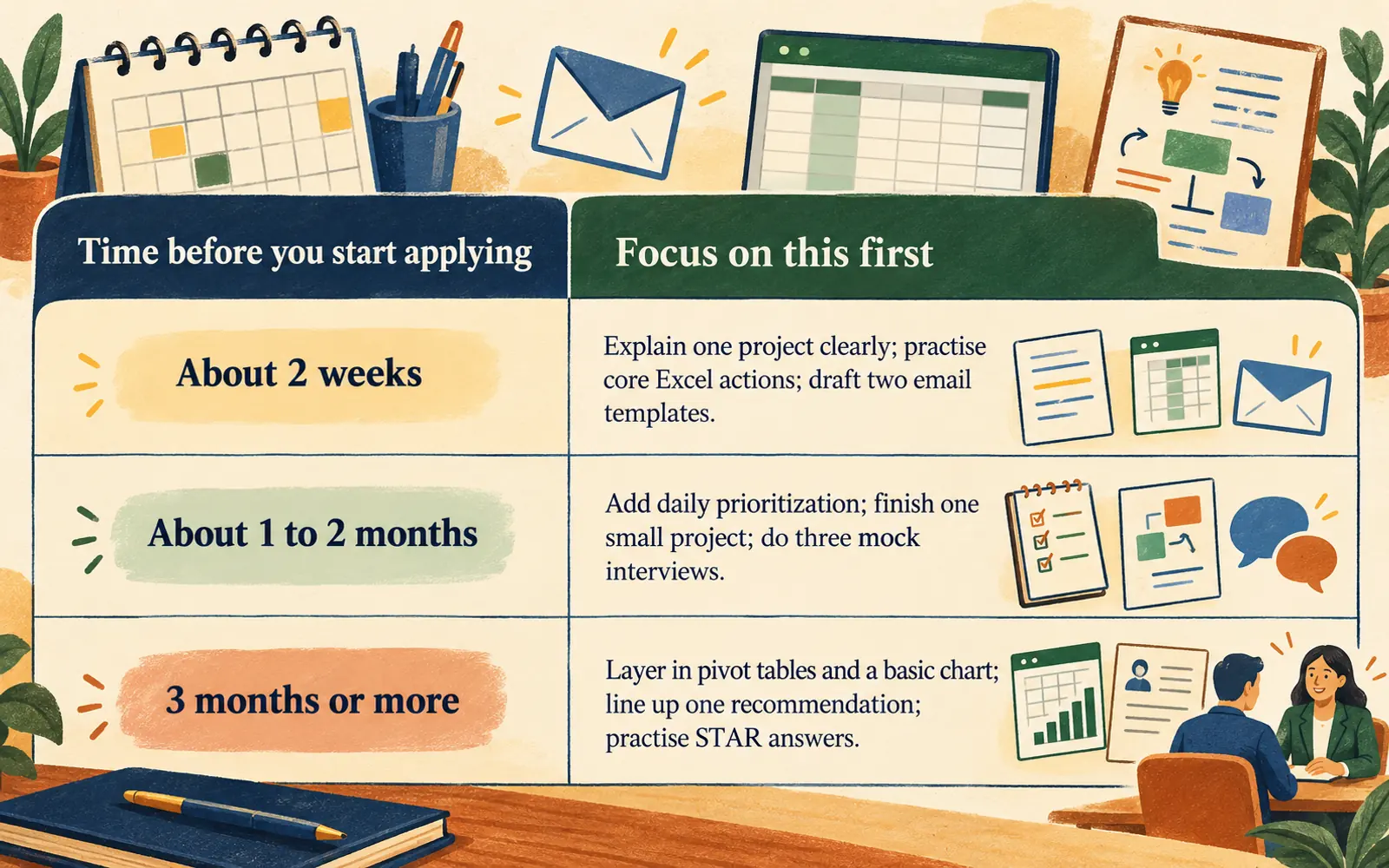 Planning table showing which first-job skills to practise when two weeks, one to two months, or three months or more remain before applying