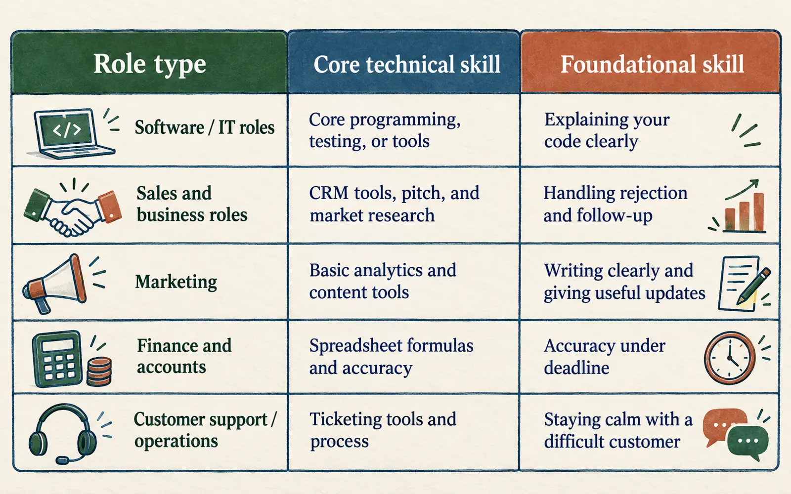 Comparison table mapping role-specific technical skills to the foundational behaviours that build trust in software, sales, marketing, finance and support roles
