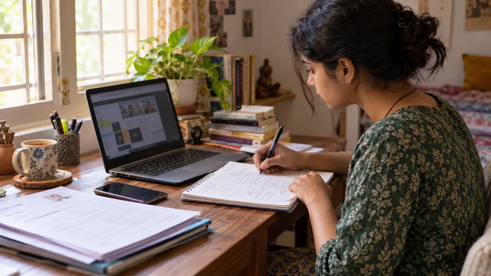 Indian learner practising a project and organizing first-job preparation at a home study desk