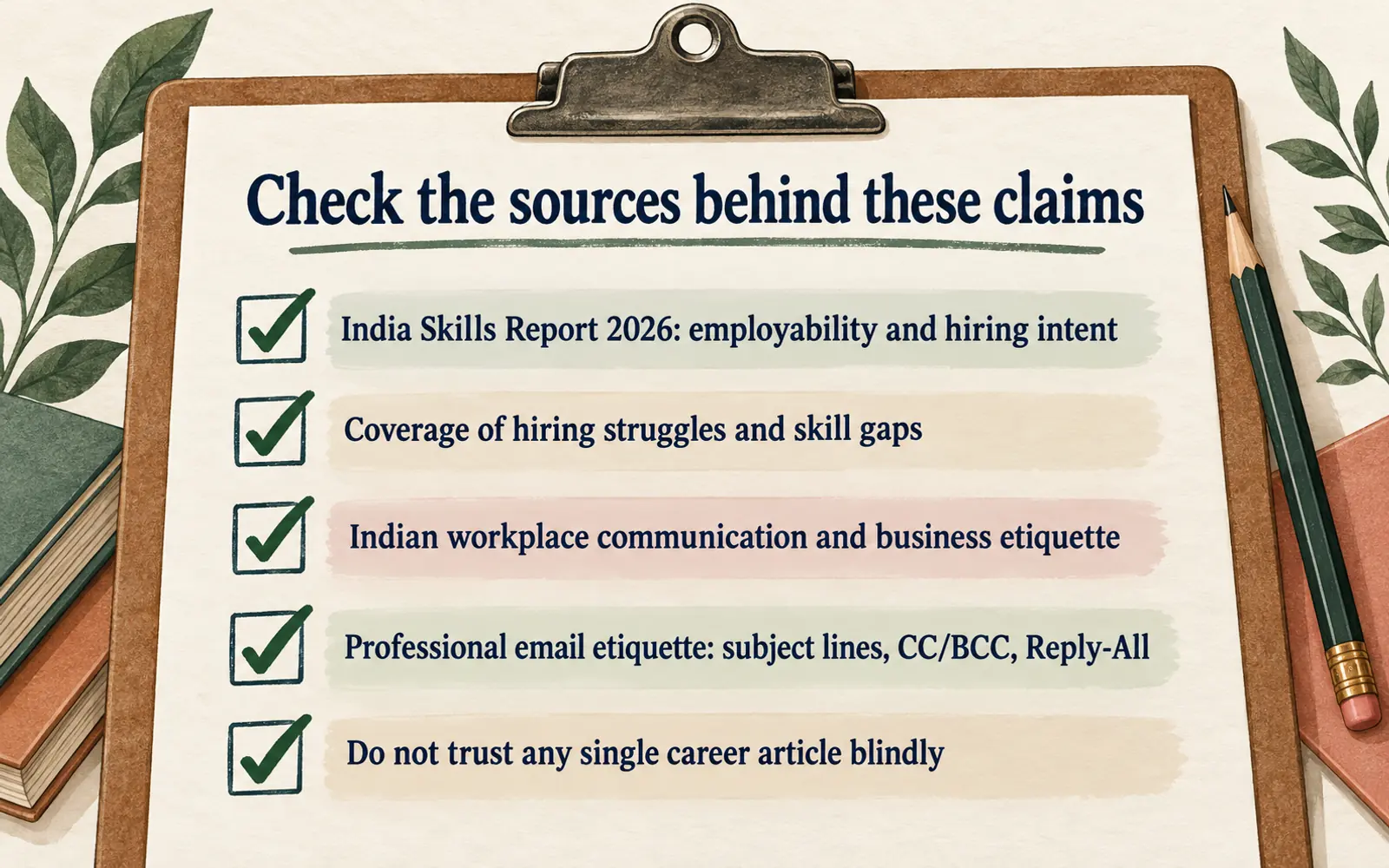 Source-check checklist for employability data, workplace communication, business etiquette, email etiquette and spreadsheet skill claims