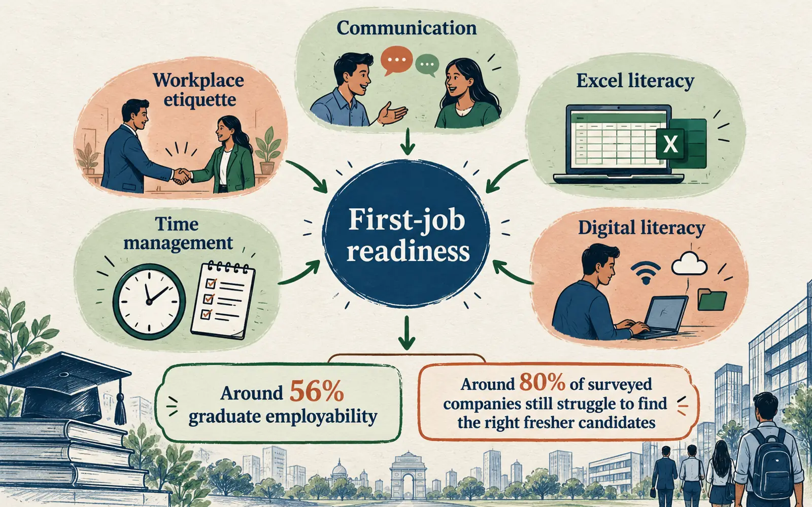 Skill map connecting communication, workplace etiquette, Excel, time management and digital literacy to first-job readiness, with article employability evidence