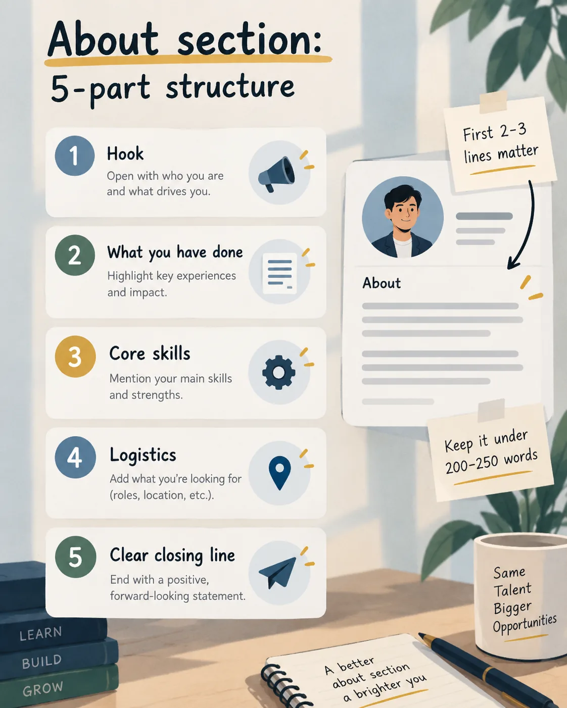 Five-part LinkedIn About section structure for freshers with limited experience