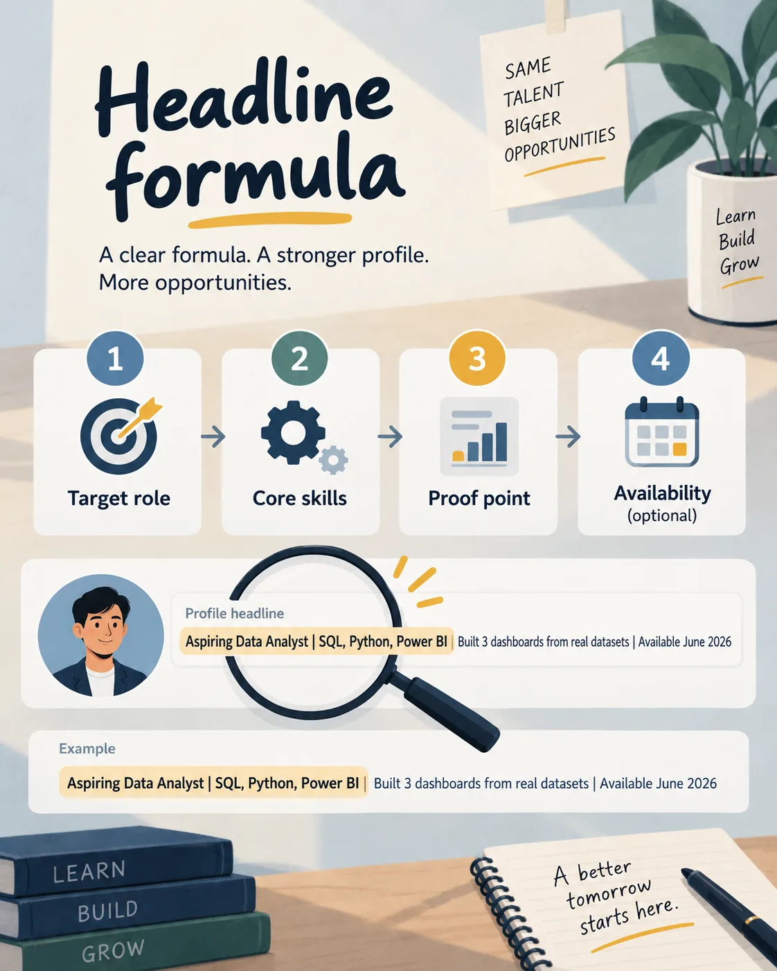 LinkedIn headline formula combining target role, skills, proof point, and availability