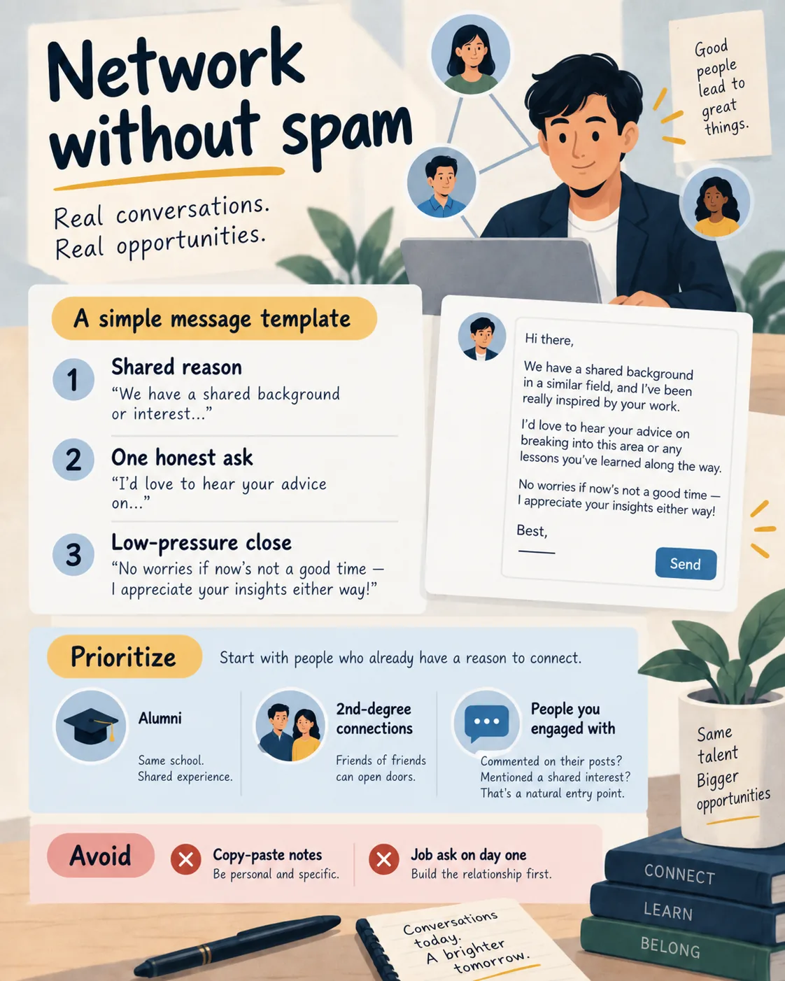 LinkedIn networking approach showing a specific message, target contacts, and spam behaviours to avoid