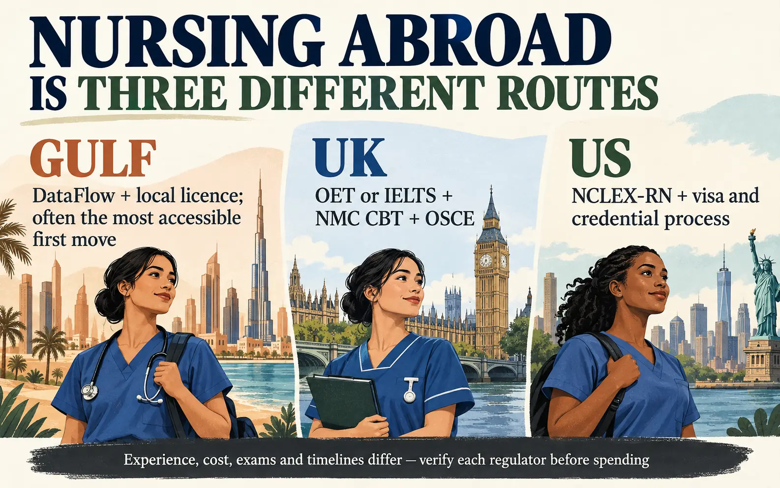 Asymmetrical comparison of Gulf, UK, and US nursing-abroad routes, showing their different verification, examination, and licensing steps