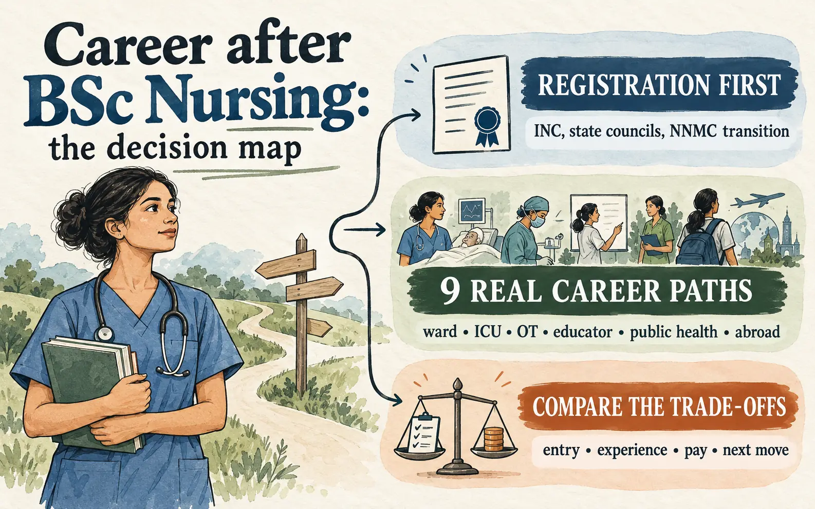 Summary card listing registration first, nine BSc Nursing career paths, and the entry, experience, pay, and next-move trade-offs to compare