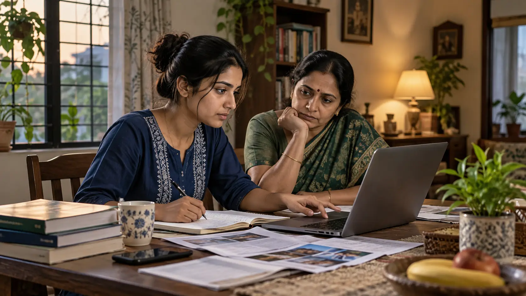 A nursing graduate and parent reviewing study and job options at a family dining table, reflecting the choices after BSc Nursing