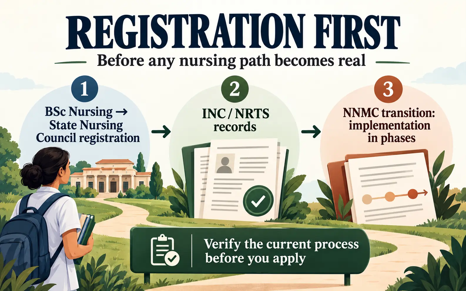 Editorial registration pathway showing State Nursing Council registration, INC and NRTS records, and the phased NNMC transition before practice