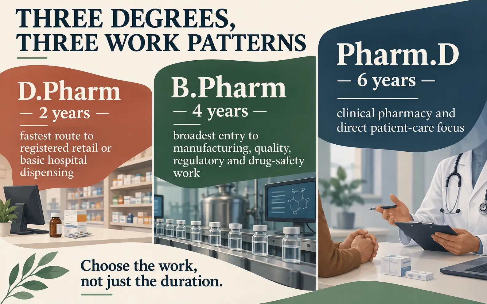 Asymmetrical comparison showing how D.Pharm, B.Pharm and Pharm.D lead to different pharmacy work patterns rather than simply higher levels