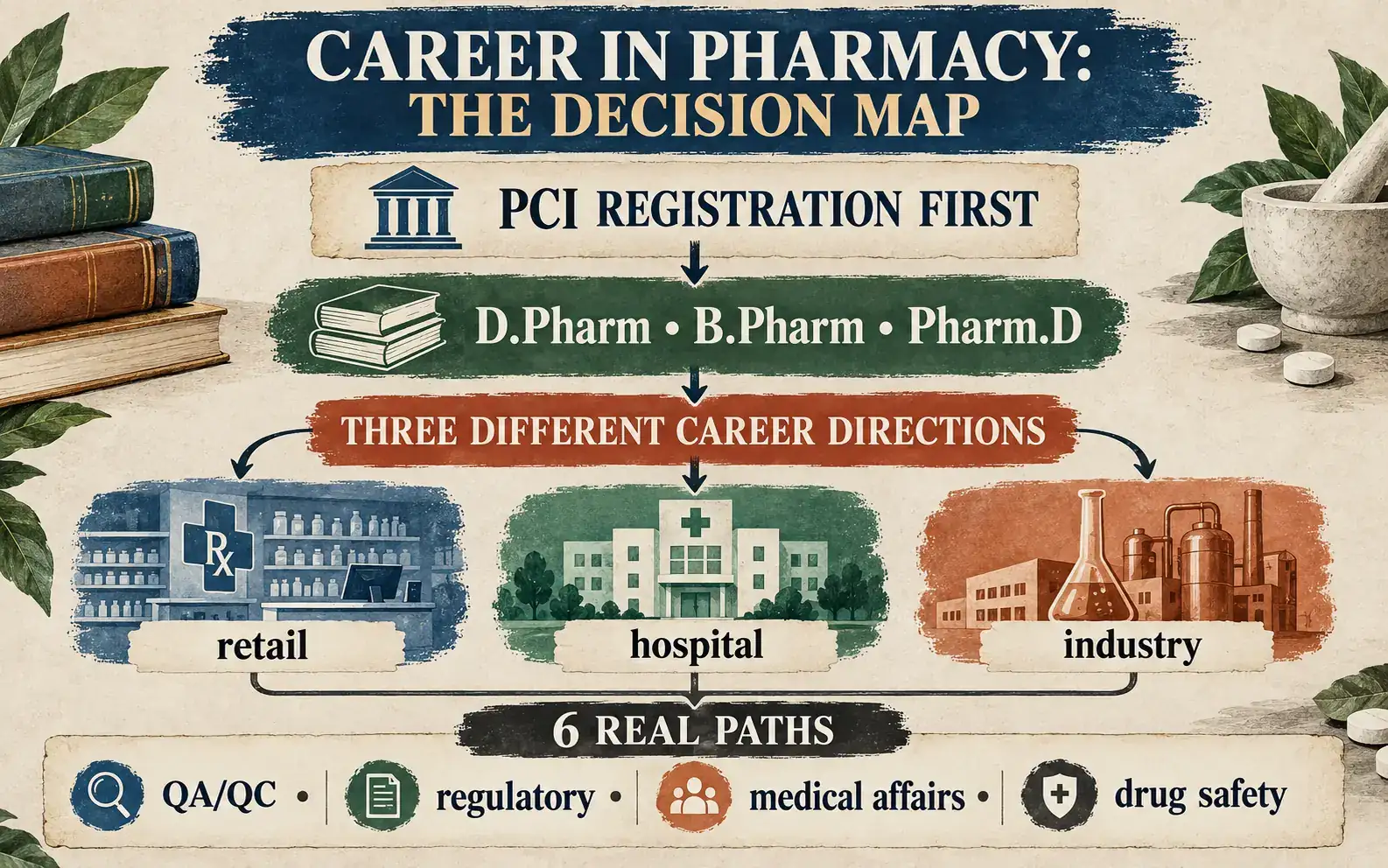 Summary card mapping PCI registration, the D.Pharm, B.Pharm and Pharm.D choices, and six pharmacy career directions