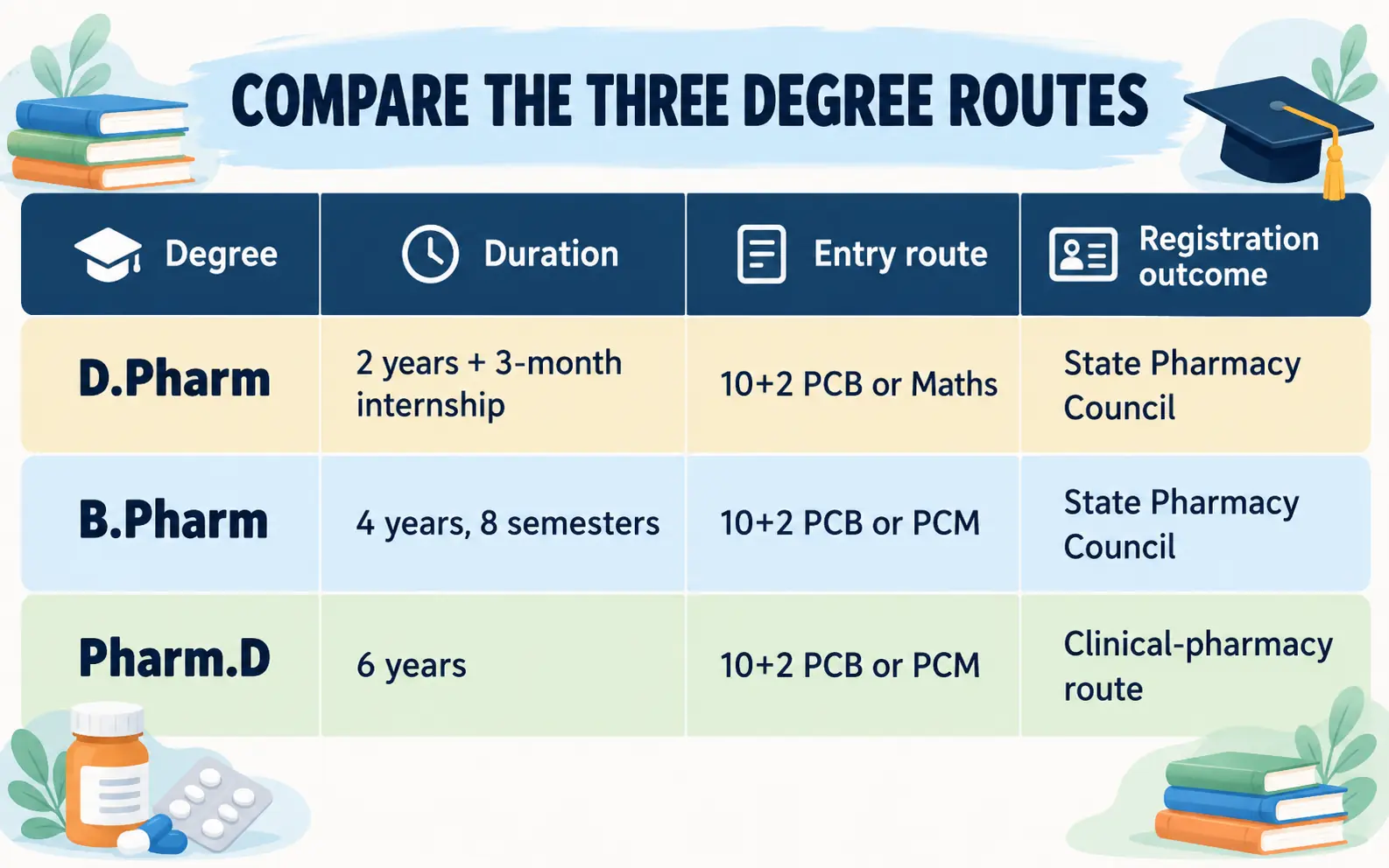 Comparison table of D.Pharm, B.Pharm and Pharm.D duration, entry route, and Pharmacy Council registration outcome