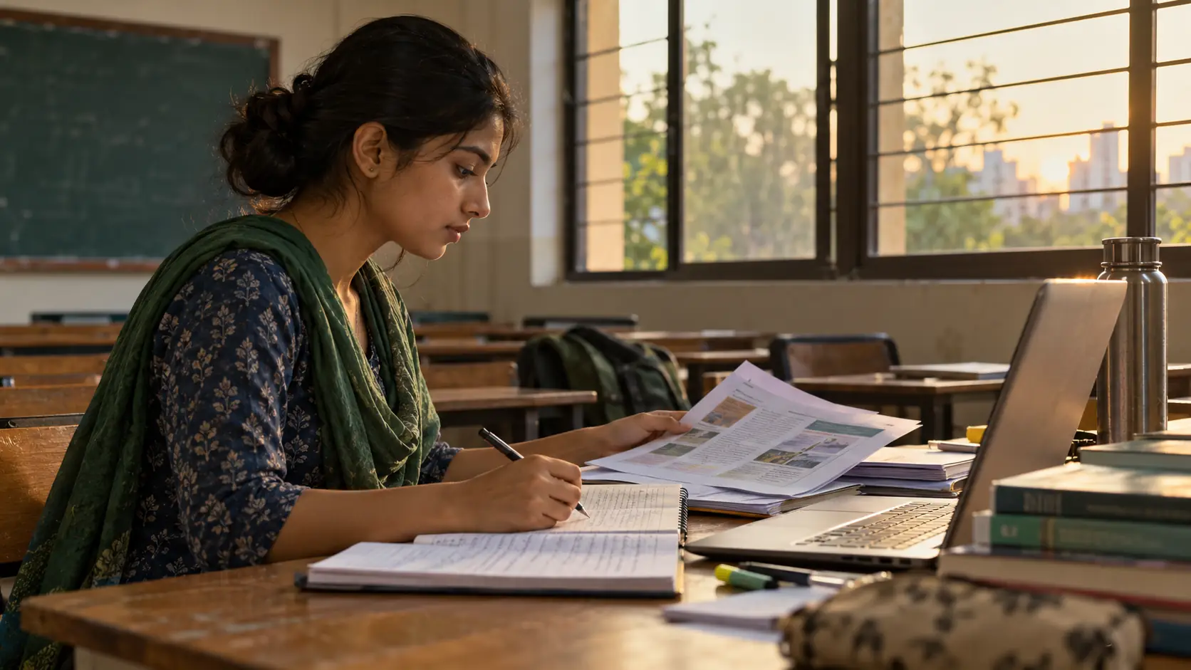 A pharmacy student reviewing course and job options at a classroom desk, reflecting the degree and work choices behind a pharmacy career in India