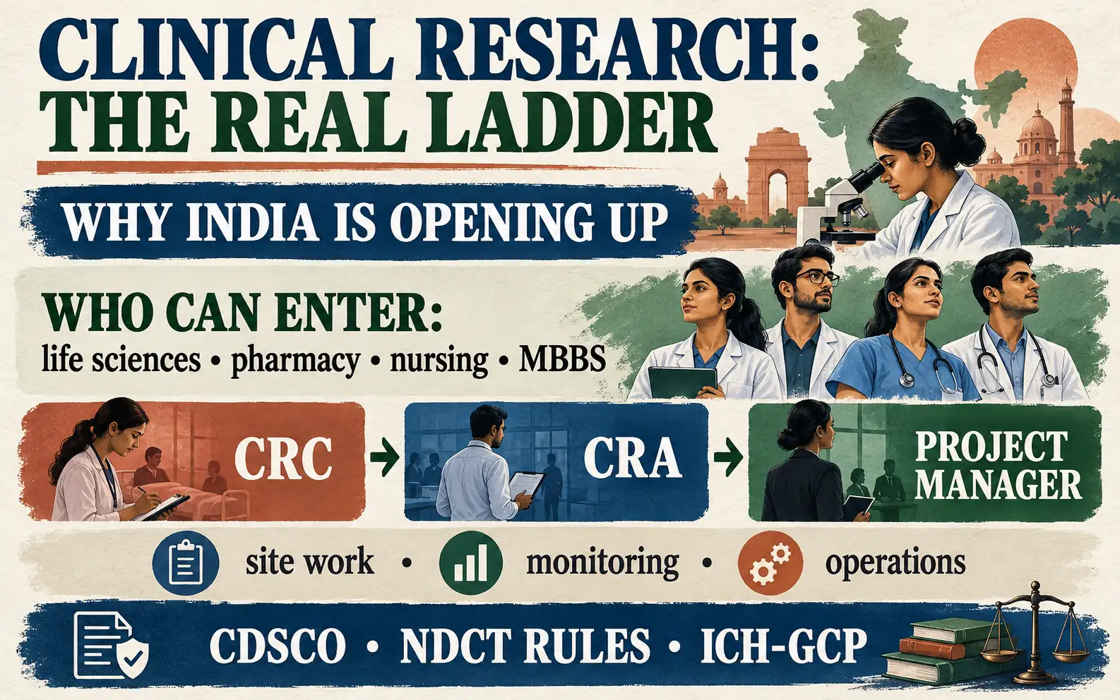 Summary card showing who can enter clinical research, the CRC-to-project-manager ladder, daily work differences, and ICH-GCP and regulatory foundations