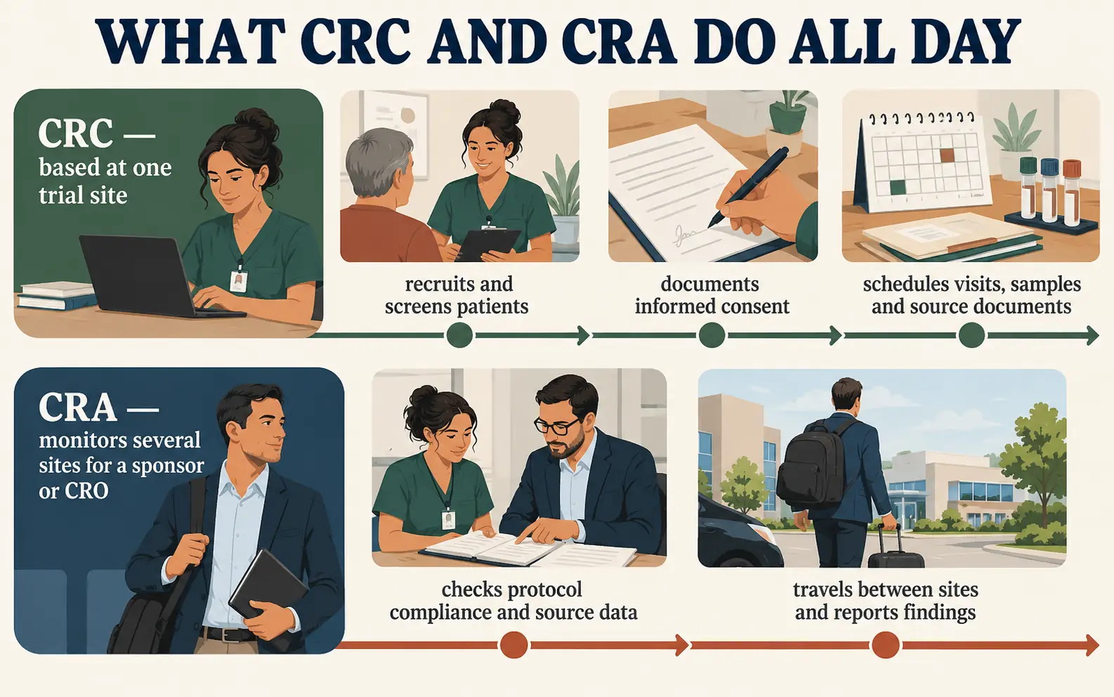 Chronological timeline contrasting a CRC's single-site patient and documentation work with a CRA's multi-site monitoring and sponsor reporting